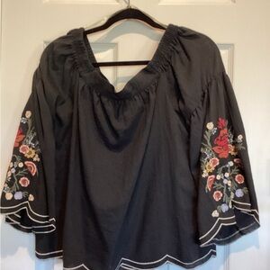 Umgee Black Blouse with Floral Embroidery